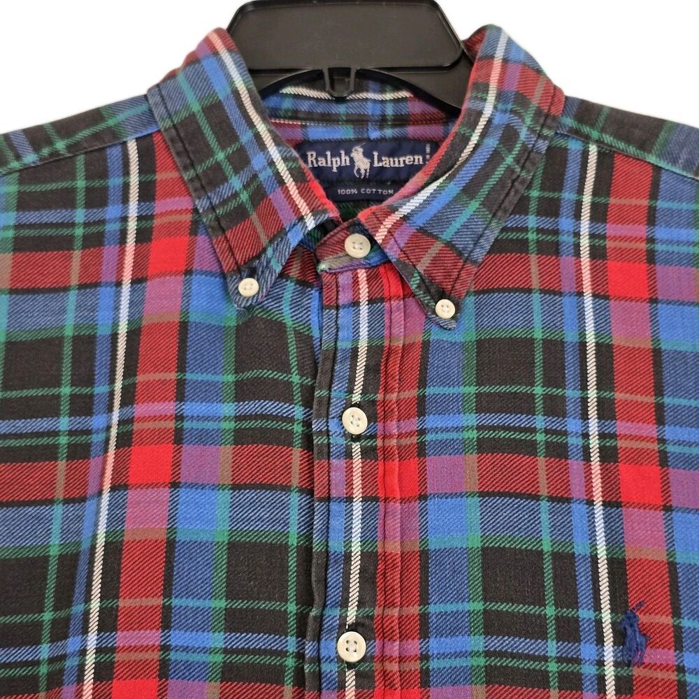 Vintage Ralph Lauren Shirt Mens Large Red Blue Green Tartan Plaid Button Down